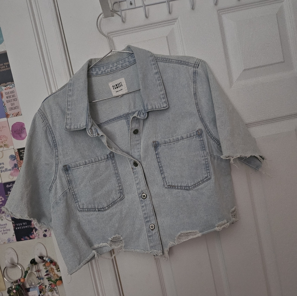 Distressed Light Blue Denim Crop Jacket